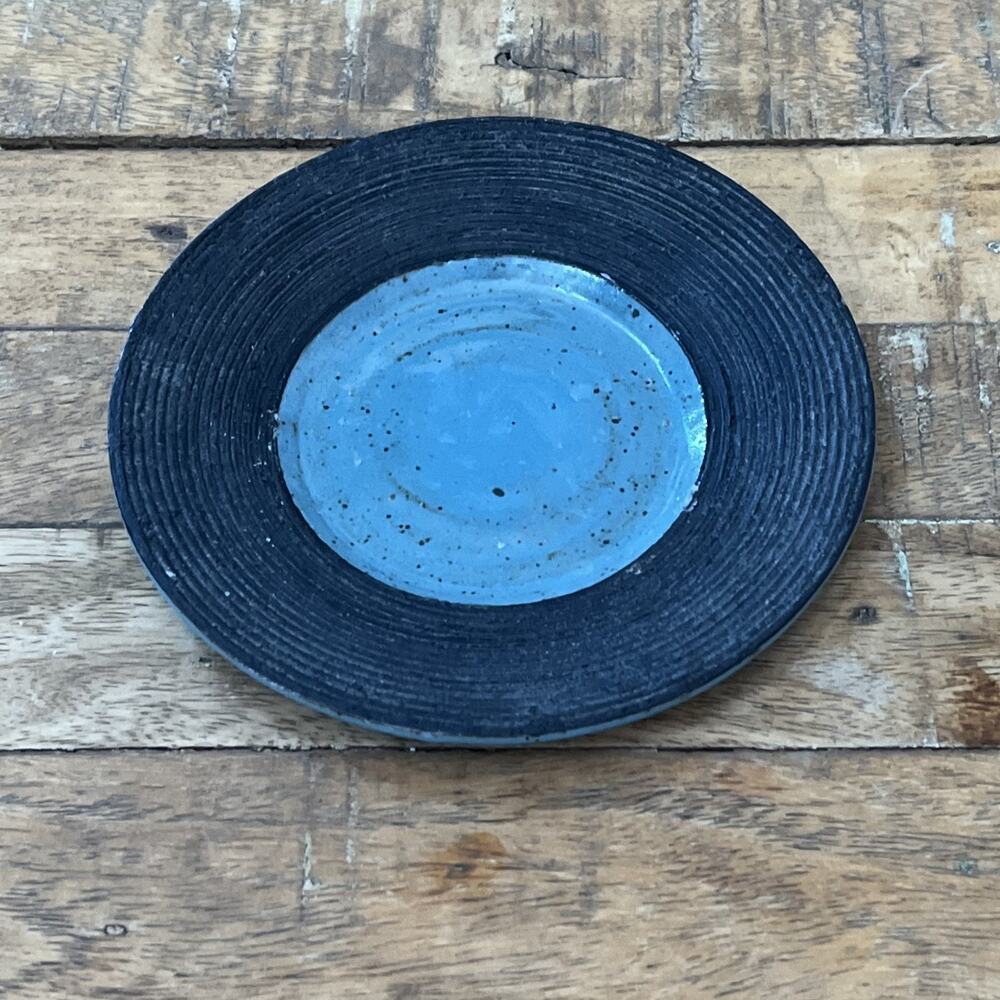 Art Studio Pottery Small Plate 6" Speckled Blue Finish Textured Ribbed Rim